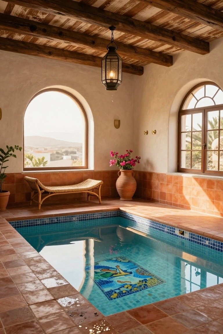 Indoor pool with blue mosaic-tiled bottom surrounded by terracotta floor tiles, rattan chaise lounge, potted plants, large terracotta vase of pink flowers, wooden beam ceiling, hanging lantern, and arched windows with landscape view.