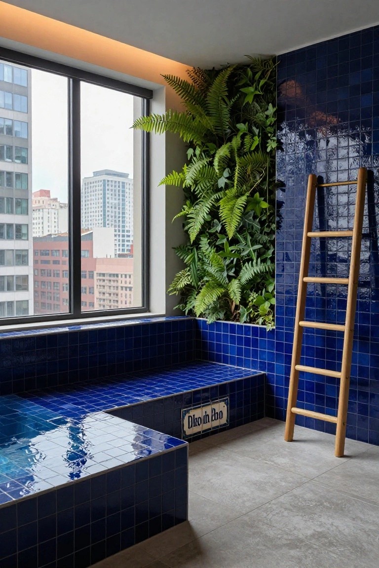 Indoor hot tub with blue mosaic tile walls and bench, wooden ladder, lush vertical fern garden on tiled wall, and large window showing city buildings.