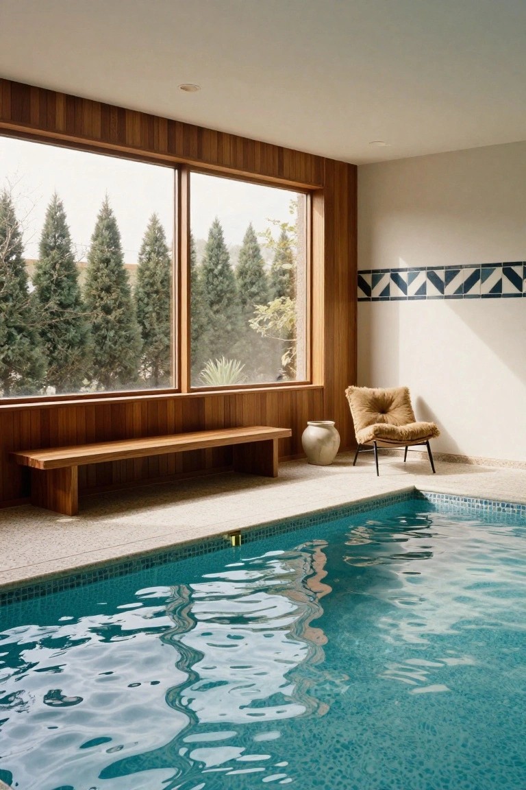 Indoor pool room with vertical wooden paneling on walls, wooden bench, shaggy tan chair, white ceramic pot, large windows showing trees outside, and turquoise tiled pool with reflections.