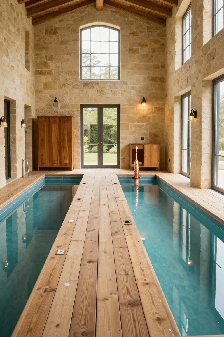 Indoor pool room with two parallel narrow turquoise pools separated by a central wooden walkway, beige stone walls, wooden cabinets, and large windows.