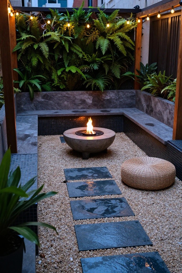 20 Inground Pool Ideas to Elevate Your Outdoor Living Outdoor gravel courtyard with curved gray stone benches around a central lit concrete gas fire pit bowl, black stepping stones path, woven pouf stool, lush green plants and ferns on walls, wooden pergola structure with string lights, and mosaic tile details.