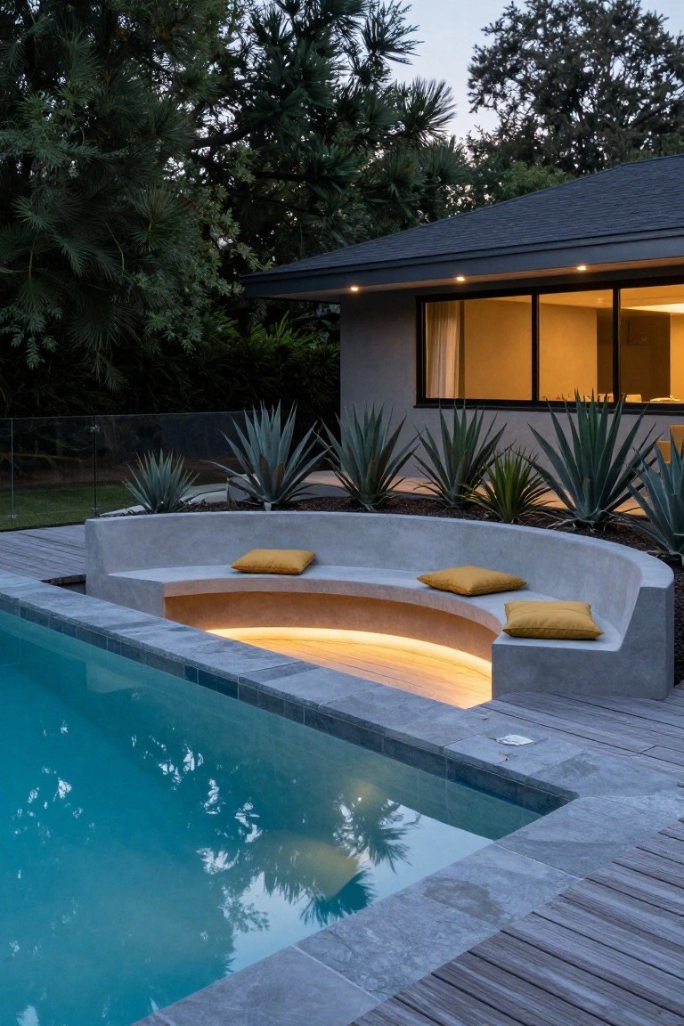 20 Inground Pool Ideas to Elevate Your Outdoor Living Curved gray concrete built-in bench seat with yellow cushions and LED underlighting along the edge of an inground pool, with agave plants, wooden decking, and a modern house nearby.