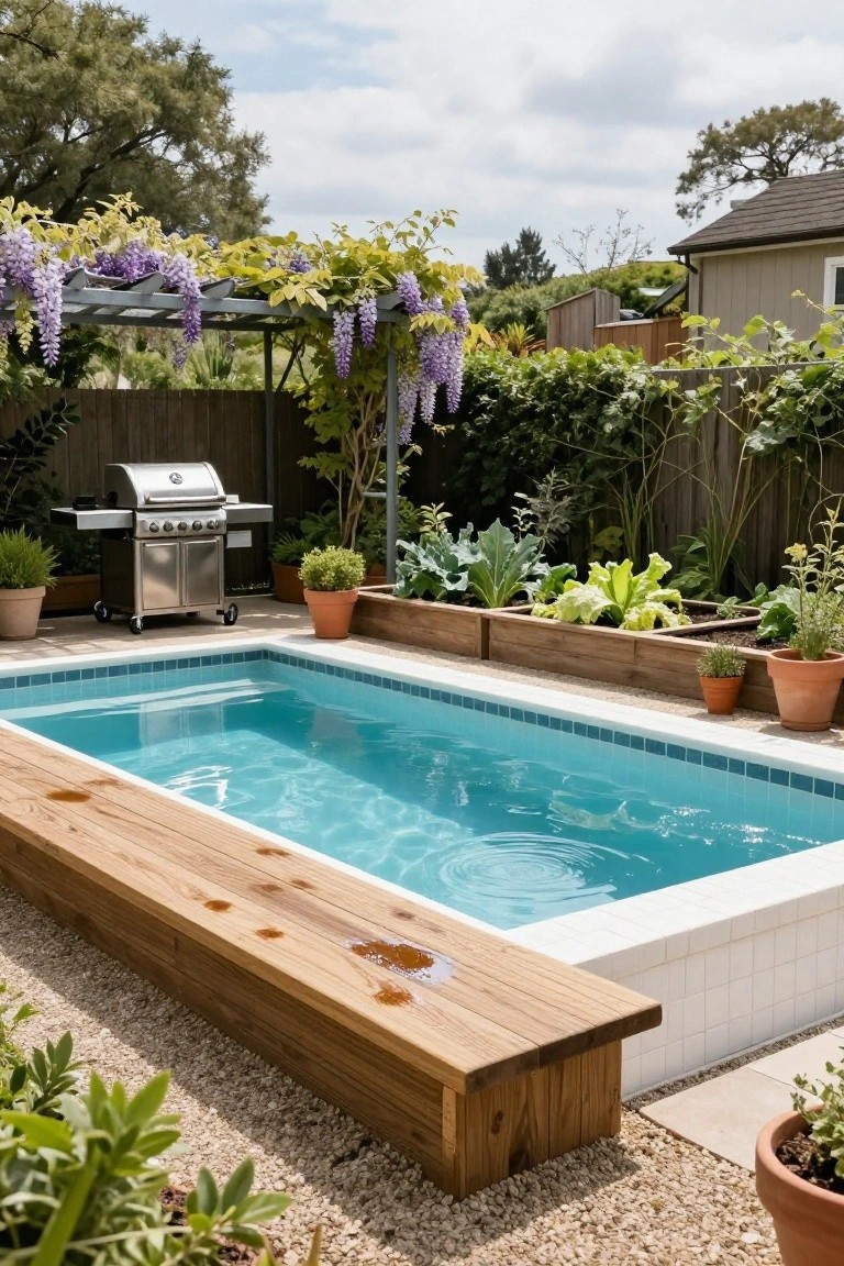 20 Inground Pool Ideas to Elevate Your Outdoor Living Rectangular turquoise inground pool with continuous wooden bench along one edge, adjacent raised garden beds with vegetables, potted plants, stainless steel barbecue grill, and surrounding greenery and fence.
