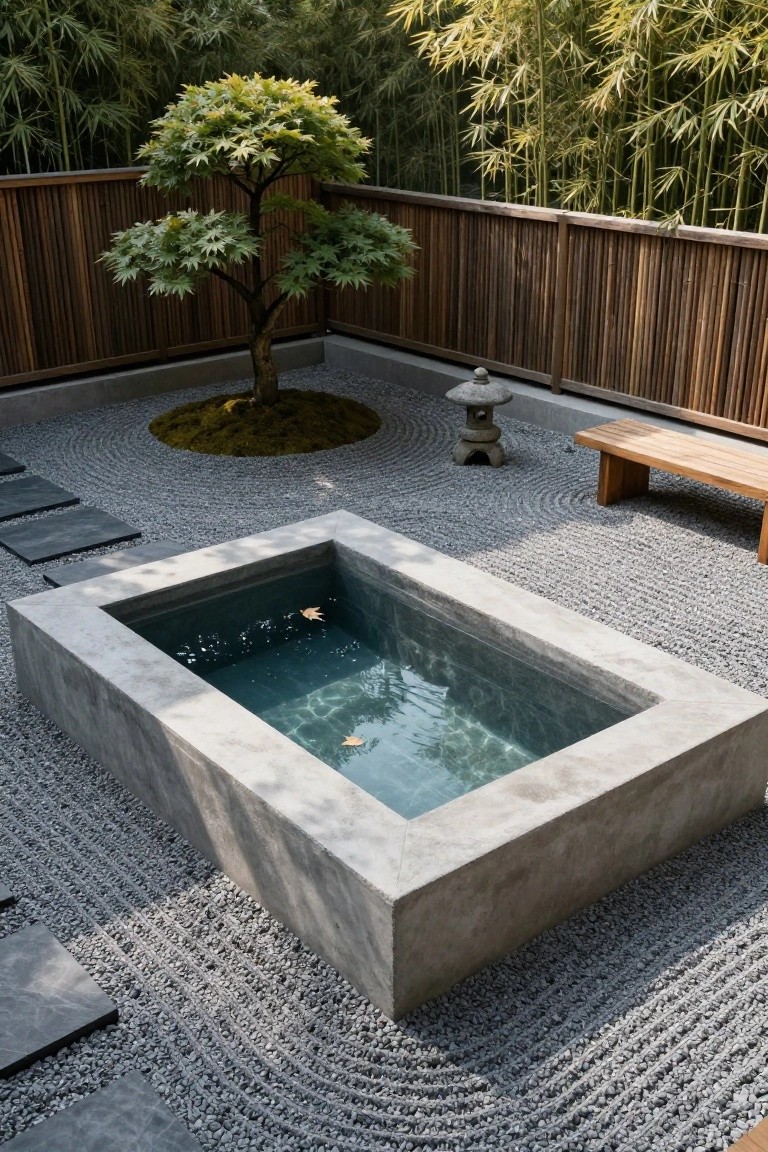 20 Inground Pool Ideas to Elevate Your Outdoor Living Small rectangular concrete inground pool filled with clear turquoise water in a gravel zen garden, surrounded by raked pebbles, stepping stones, a mossy tree mound, stone lantern, wooden bench, and bamboo fence.