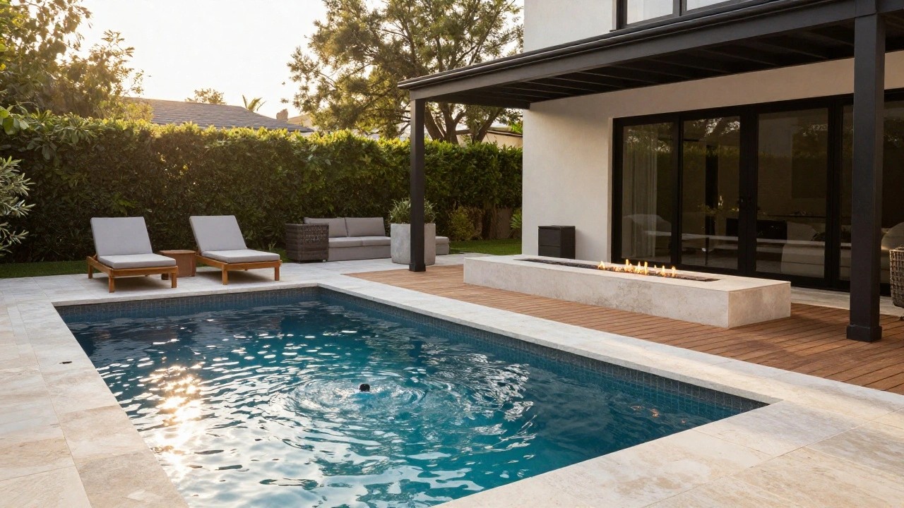 Rectangular inground pool with turquoise tiles and beige stone coping, adjacent black linear gas fire pit with flames on wooden deck, white lounge chairs nearby, modern house and landscaping in background at sunset.