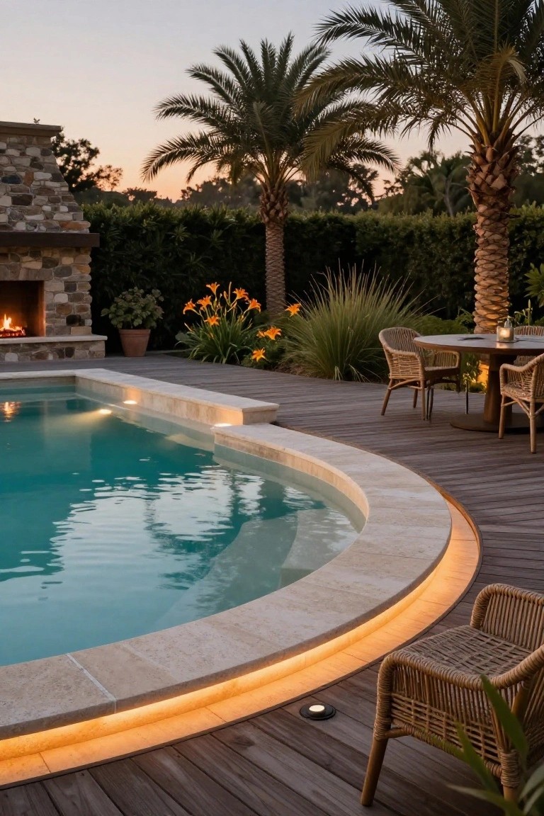20 Inground Pool Ideas to Elevate Your Outdoor Living Curved inground pool with illuminated beige stone coping surrounded by wooden decking, rattan chairs and table nearby, stone fire pit with flames, potted plants, palm trees, and hedges at dusk.