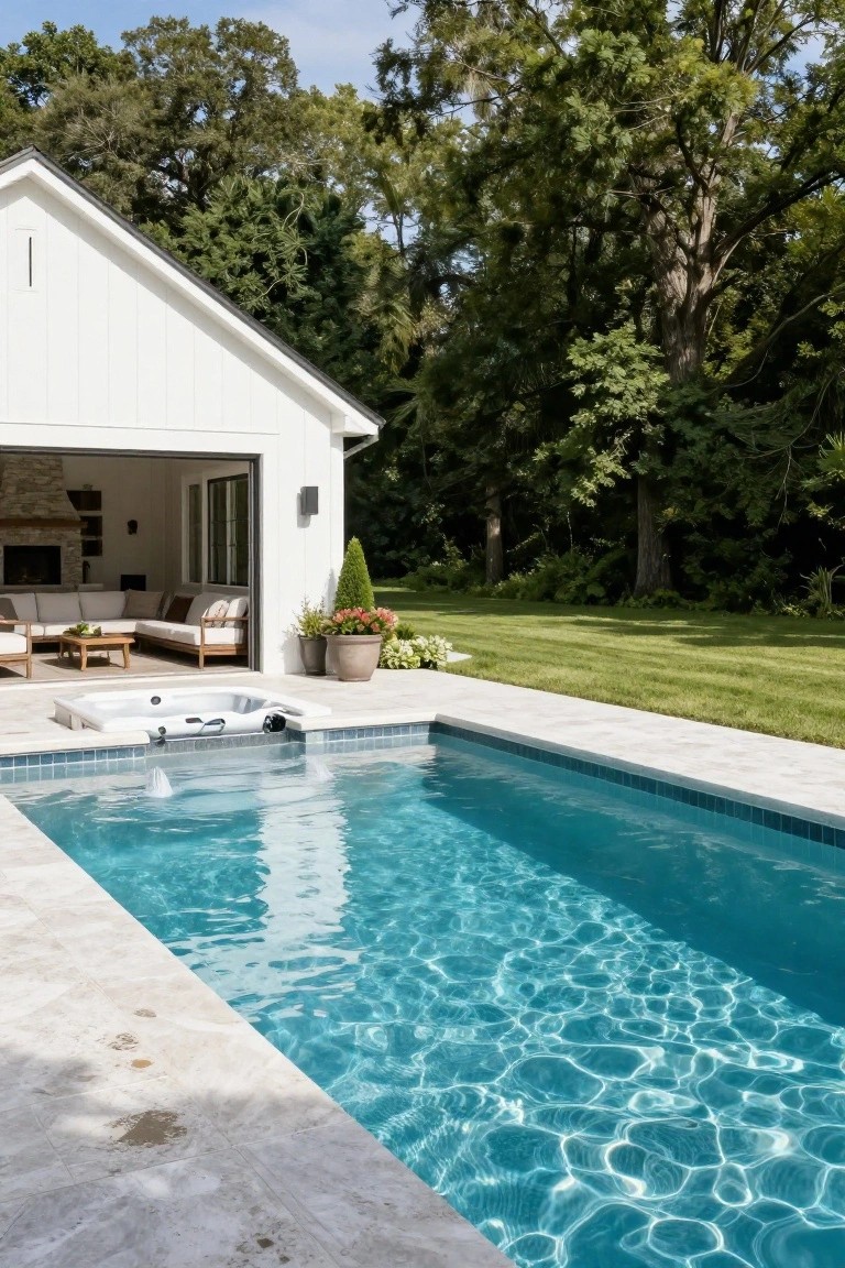 20 Inground Pool Ideas to Elevate Your Outdoor Living Inground pool with adjacent white hot tub on a light stone deck next to a white pool house with open doors showing indoor lounge area, fireplace, and seating, surrounded by grass lawn and trees.