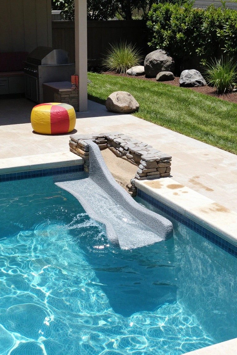 20 Inground Pool Ideas to Elevate Your Outdoor Living Inground swimming pool with a curved gray slide descending from a short stone wall into the blue water, adjacent to travertine patio pavers and landscaped yard with rocks and grass.