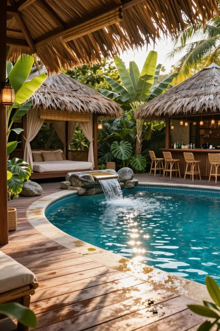 20 Inground Pool Ideas to Elevate Your Outdoor Living Inground pool with natural stone waterfall flowing into turquoise water, surrounded by wooden decking, thatched pavilions with daybed and bar stools, tropical plants, and lanterns.