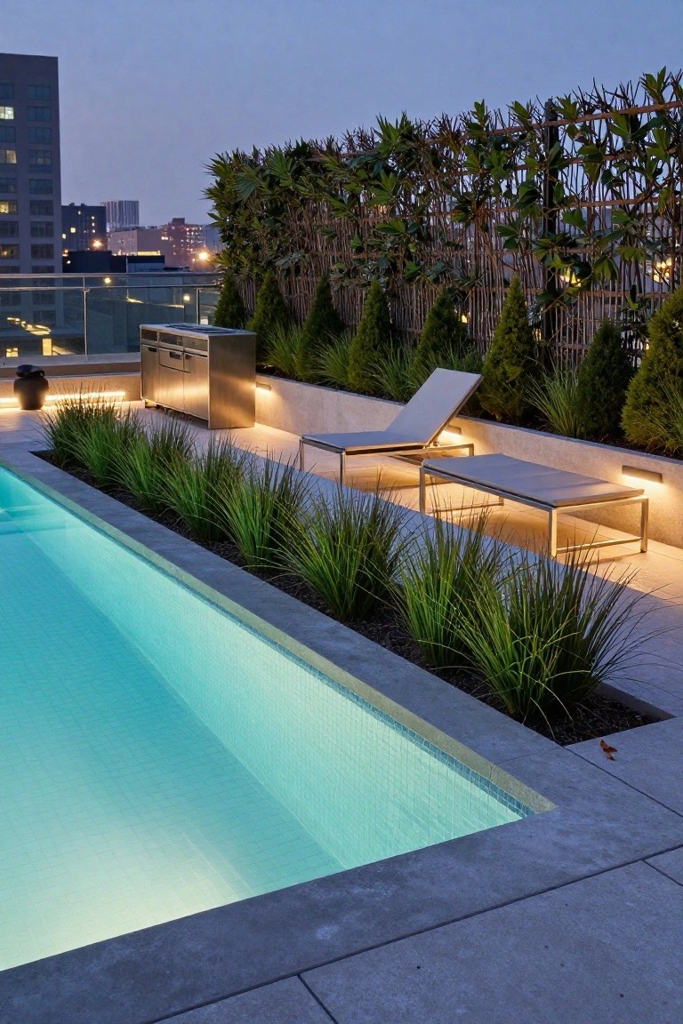 20 Inground Pool Ideas to Elevate Your Outdoor Living Rooftop pool at dusk with tall grasses in a linear bed along the edge, gray loungers, stainless steel cabinet, and city buildings in the background.