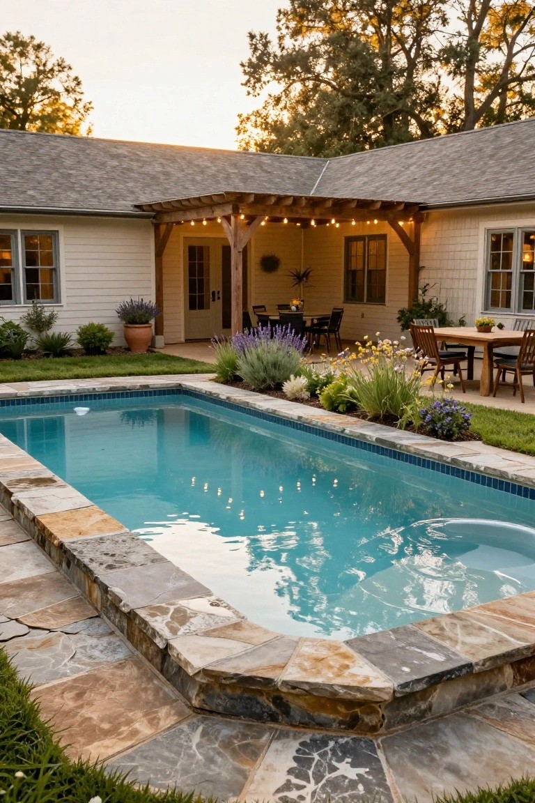 20 Inground Pool Ideas to Elevate Your Outdoor Living Rectangular turquoise inground pool with irregular brown flagstone coping and decking surrounded by low plantings, adjacent to a wooden pergola-covered patio with dining table and chairs next to a white shingle-style house.