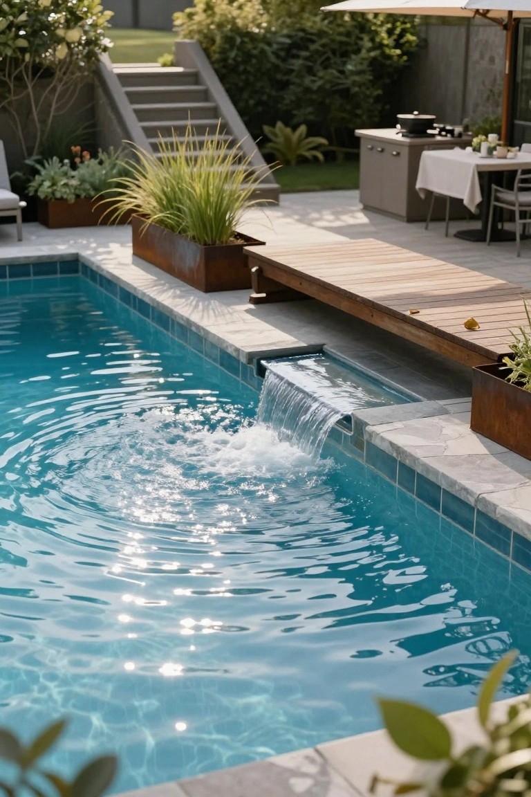 20 Inground Pool Ideas to Elevate Your Outdoor Living Rectangular inground pool with turquoise water and a waterfall cascading from a narrow raised wooden deck platform edged in metal, surrounded by corten steel planters with grasses, stone paving, and nearby outdoor kitchen and seating.