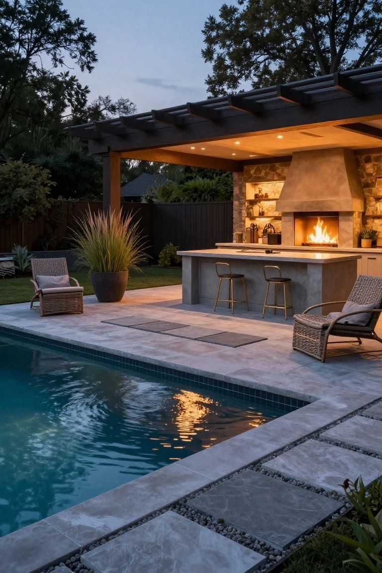 20 Inground Pool Ideas to Elevate Your Outdoor Living Outdoor covered bar with concrete countertop, two metal stools, and adjacent stone fireplace with lit fire next to an inground pool surrounded by pavers and plants at dusk.