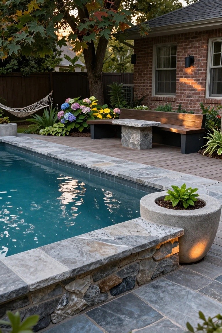 20 Inground Pool Ideas to Elevate Your Outdoor Living Inground pool with gray stone tile edging and surrounding wooden deck, wooden built-in L-shaped bench seating with central stone pedestal table, potted plants, hydrangeas, hammock, and brick house in backyard.