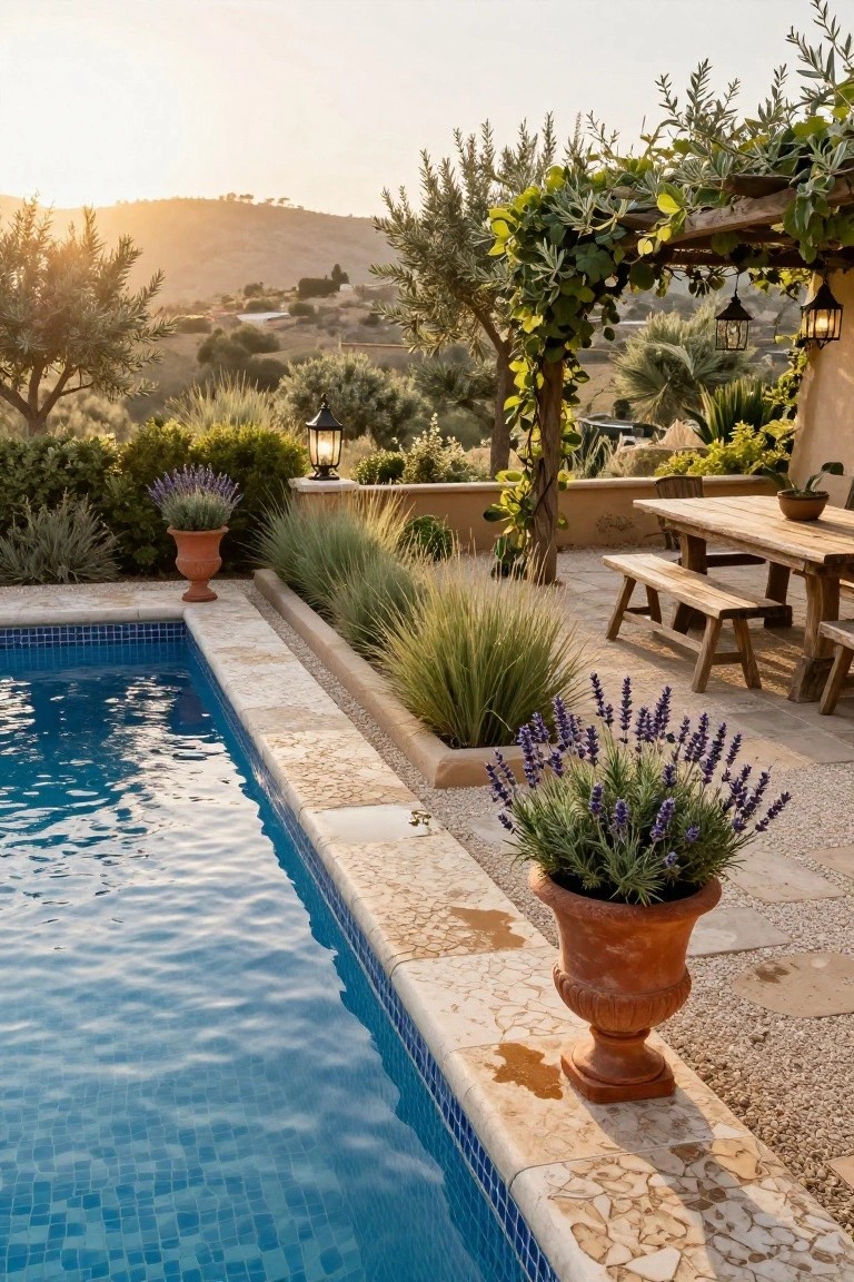 20 Inground Pool Ideas to Elevate Your Outdoor Living Inground pool with blue mosaic tiles and beige stone coping, adjacent to rustic wooden dining table and benches under vine-covered wooden pergola, with potted lavender plants, grasses, and olive trees in a Mediterranean landscape at sunset.
