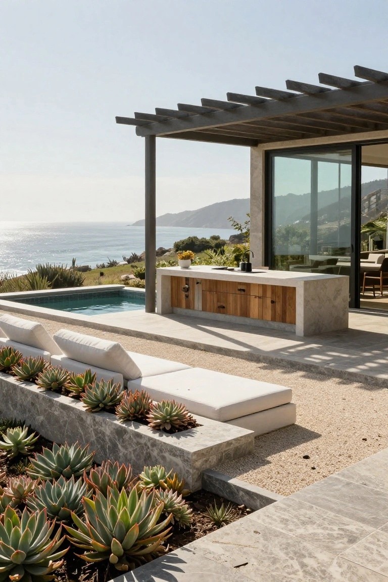 20 Inground Pool Ideas to Elevate Your Outdoor Living Outdoor terrace with small rectangular inground pool, adjacent concrete countertop kitchen bar with wooden cabinets and drawers, white lounge seating, raised succulent planters edged in marble, wooden pergola, and ocean view.
