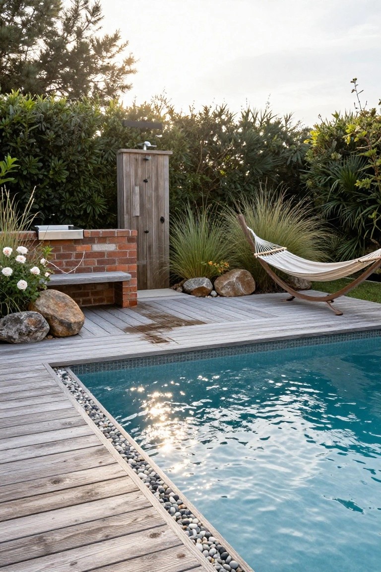 20 Inground Pool Ideas to Elevate Your Outdoor Living Wooden outdoor shower stall next to a turquoise inground pool edged with wooden decking and pebbles, featuring a hammock, brick bench with sink, rocks, and surrounding plants.
