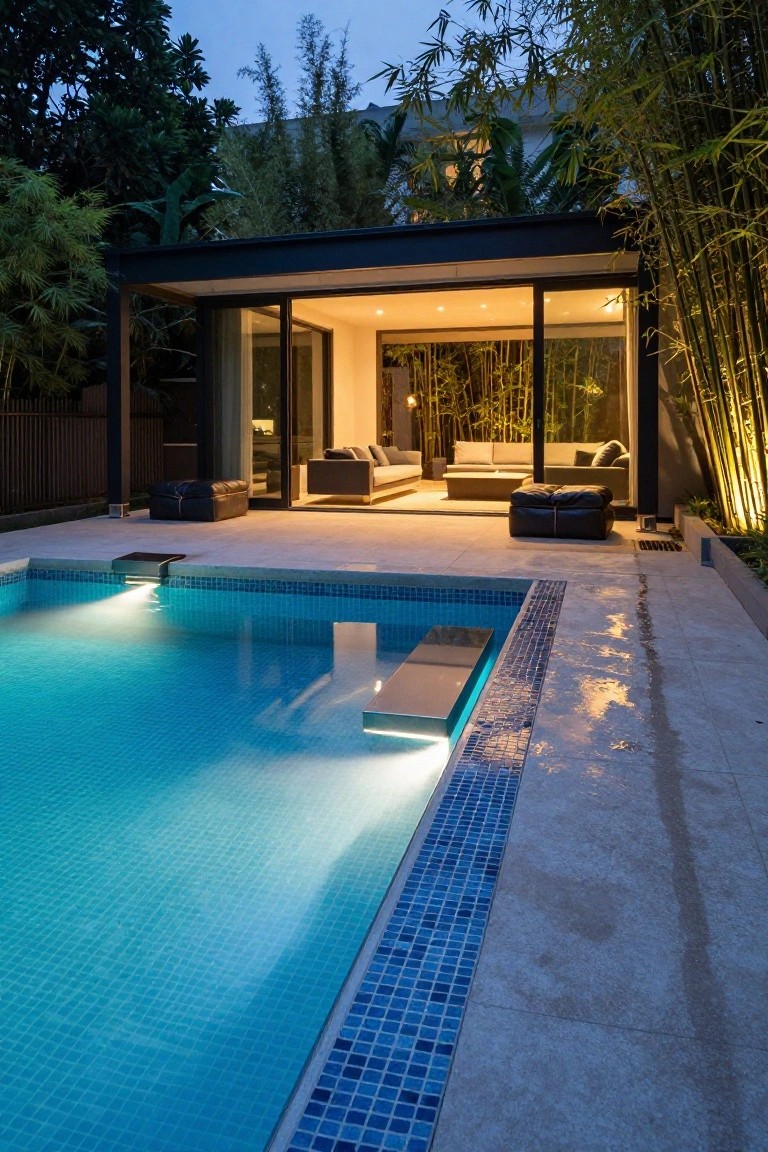 20 Inground Pool Ideas to Elevate Your Outdoor Living Night view of a modern black-framed glass pavilion with beige outdoor sofas on a light stone deck next to a rectangular inground pool with blue mosaic tiles and edge lighting, surrounded by bamboo plants.