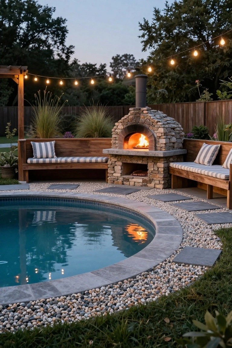 20 Inground Pool Ideas to Elevate Your Outdoor Living Stone wood-fired pizza oven integrated into wooden benches beside a curved inground pool edged in tile and pebbles, with string lights overhead and ornamental grasses nearby.