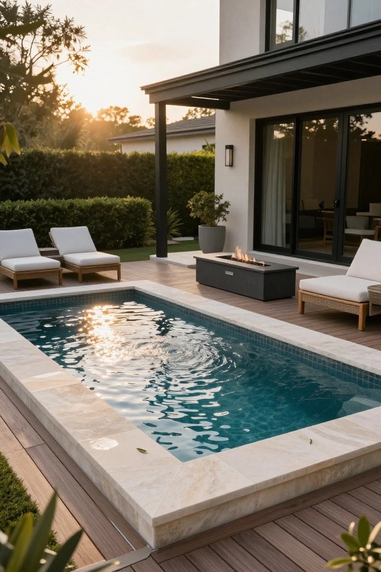 20 Inground Pool Ideas to Elevate Your Outdoor Living Rectangular inground pool with turquoise tiles and beige stone coping, adjacent black linear gas fire pit with flames on wooden deck, white lounge chairs nearby, modern house and landscaping in background at sunset.