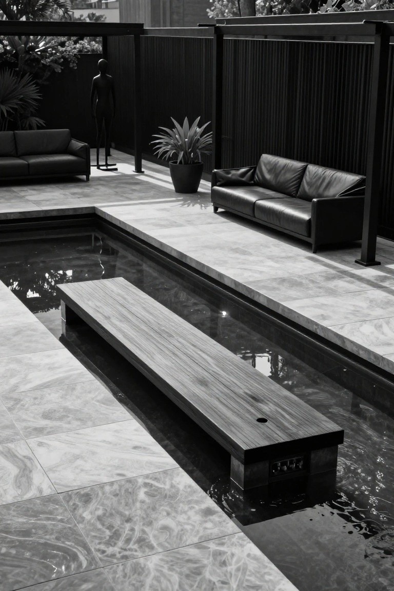20 Inground Pool Ideas to Elevate Your Outdoor Living Minimalist courtyard with water feature, black sofas, and wooden bench.