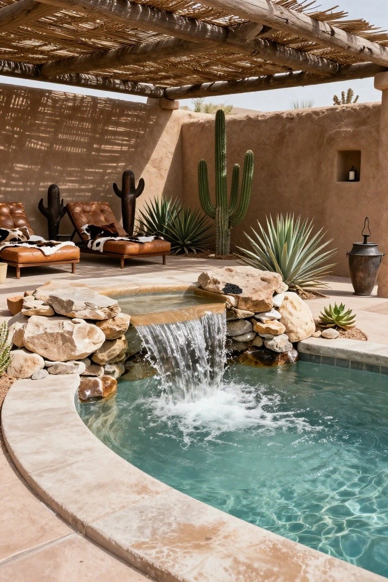 Small turquoise cowboy pool with natural rock waterfall, leather chaise lounges with cowhide throws, tall cacti, agave plants, and adobe walls under a thatched roof overhang.