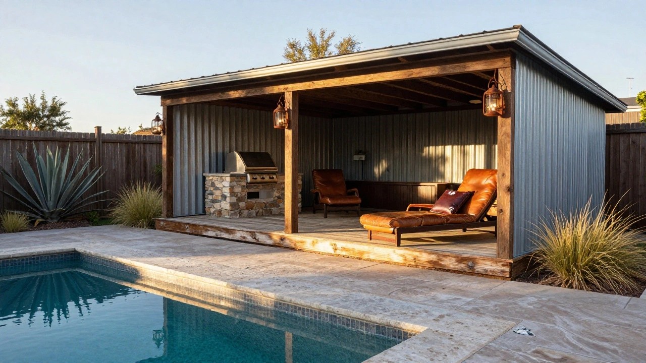 Wooden deck beside a turquoise pool with a covered outdoor kitchen featuring a stainless steel grill on stone base, wooden counters, two brown leather chaise lounges, metal roof on wooden posts, hanging lanterns, and agave plants nearby.