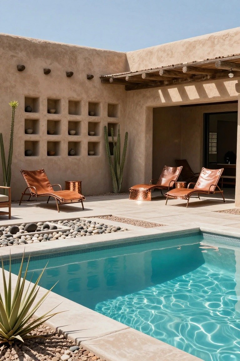 Outdoor poolside area with tan leather reclining loungers and copper stools next to a small turquoise pool, adobe walls with nichos and pottery, cacti plants, and a rock-lined fire pit feature.