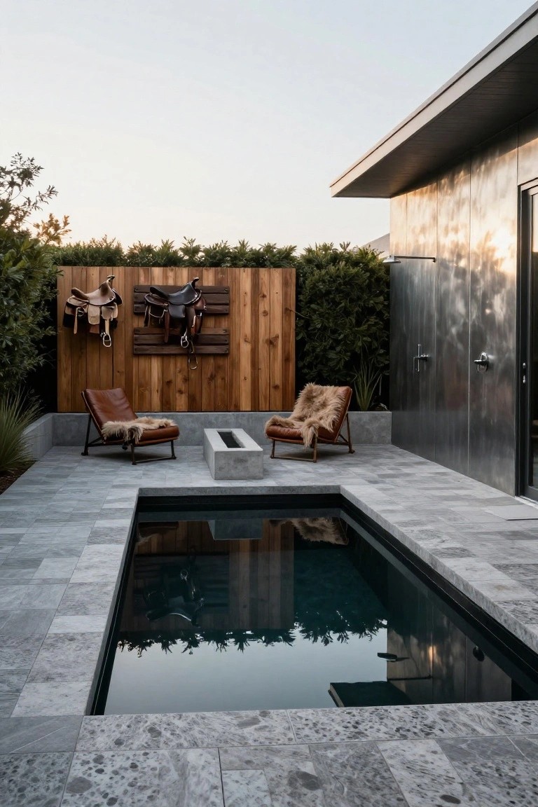 Compact rectangular pool with gray pebble tile decking surrounded by two tan leather chairs with sheepskin rugs facing a concrete fire pit, wooden fence wall displaying two mounted western saddles, metal-clad building with outdoor shower, and surrounding hedges and plants.