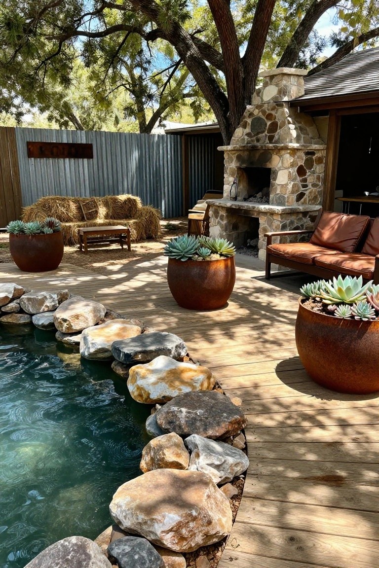 Wooden deck in a backyard featuring a small curved pool with large natural rocks along the edge, corten steel pots with succulents, hay bale couch, leather sofa, stone fireplace, and metal fence under trees.