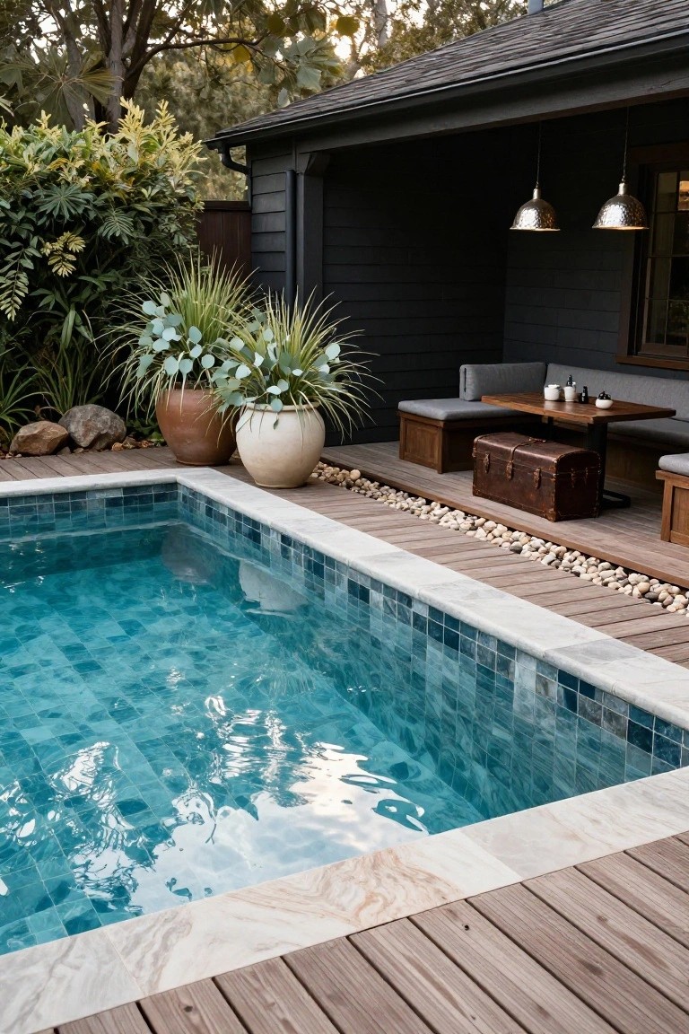Small rectangular pool with blue mosaic tile bottom and white stone coping on a wooden deck surrounded by pebbles, next to a covered black wood structure with built-in gray bench seating, wooden table, leather trunk, potted plants, rocks, and hanging pendant lights.