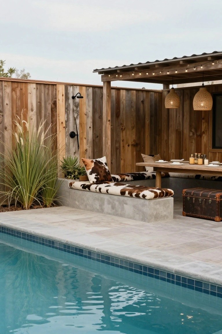 Backyard swimming pool with adjacent concrete built-in bench covered in black-and-white cowhide cushions, wooden dining table and benches under a covered pergola with string lights and rattan lanterns, wooden fence, outdoor shower, potted grasses and succulents.