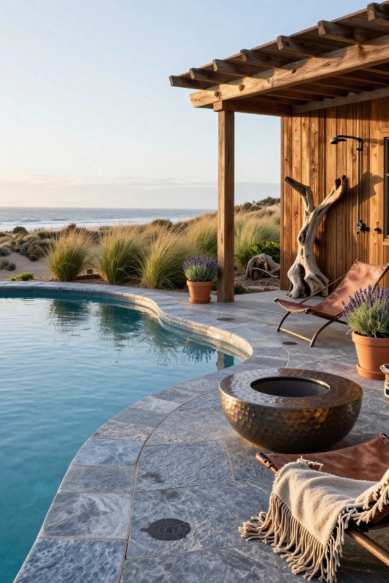 Curved turquoise pool with gray stone decking, large hammered copper fire pit on the deck, brown leather sling chair with white throw blanket, potted lavender plants, wooden pergola structure with outdoor shower, driftwood sculpture, beach dunes, and ocean horizon.