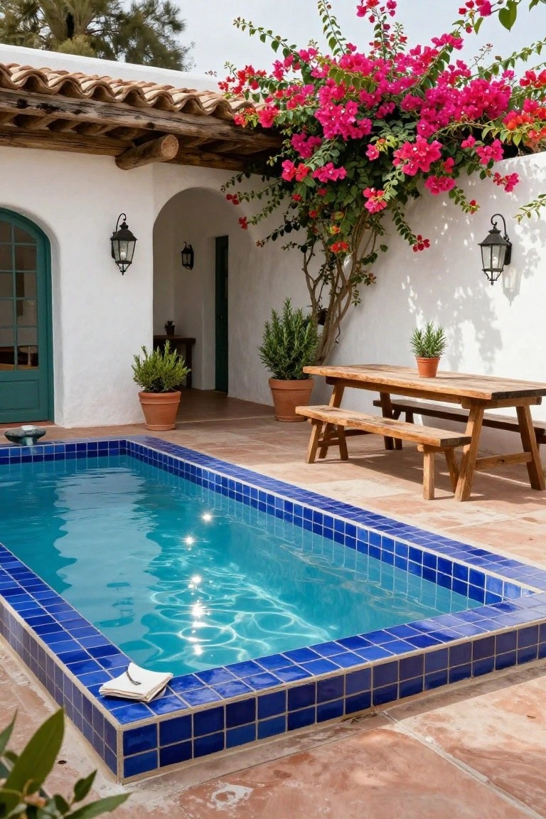 Small rectangular pool with blue mosaic tiles in a terracotta courtyard, wooden picnic table with benches nearby, white stucco walls with arched green door, lanterns, potted plants, and pink bougainvillea vines.