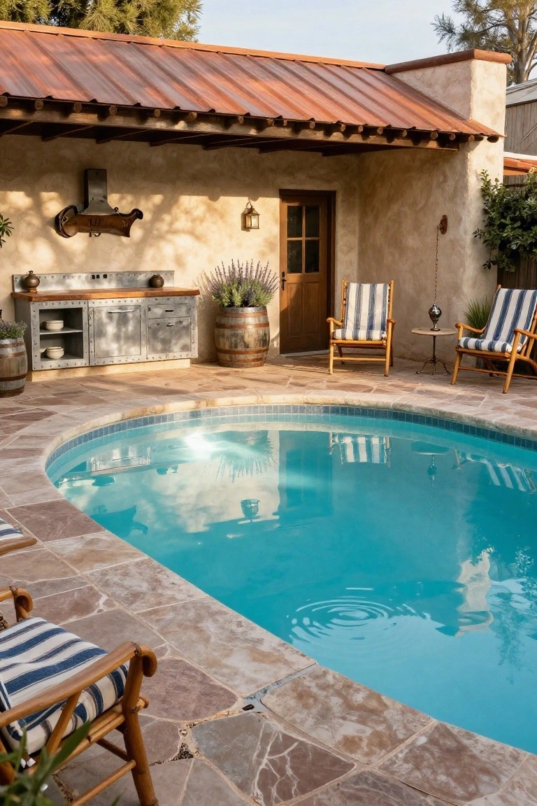 Curved turquoise pool edged in terracotta tiles, with a rustic metal bar cabinet topped in wood, whiskey barrel planters, striped rattan chairs, and an adobe-style covered patio area.