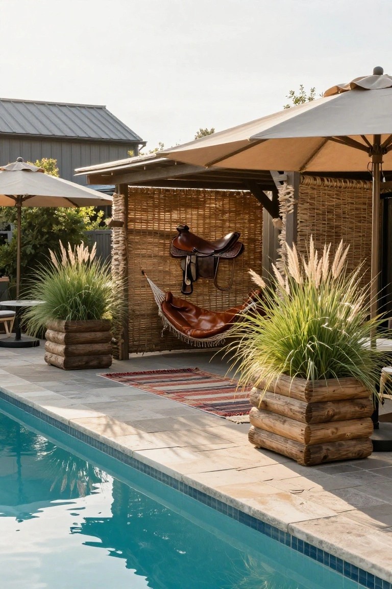 Poolside patio with brown leather saddles hanging on a tall woven reed screen, orange hammock slung nearby, pampas grass in stacked log planters, two beige umbrellas, colorful woven rug, and edge of blue swimming pool.