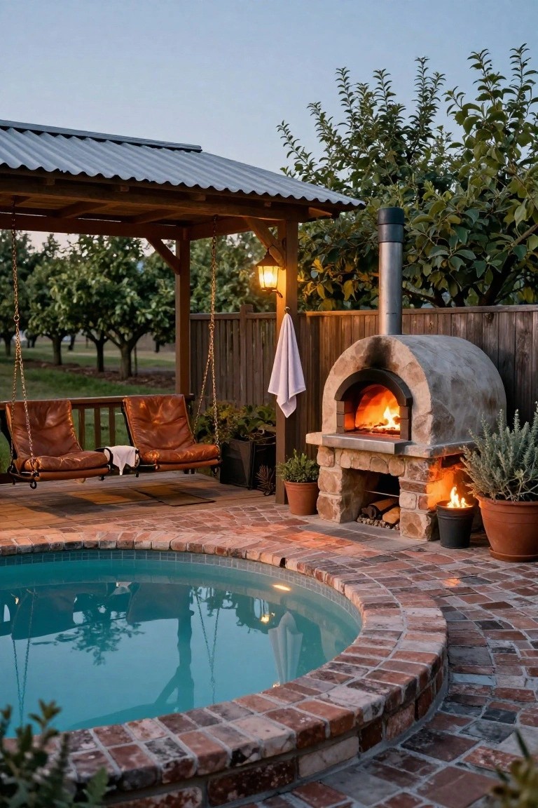 Round turquoise cowboy pool with brick paver surround in a backyard, adjacent stone wood-fired pizza oven with fire inside, hanging leather swing seats under a metal-roofed pergola, potted plants, and orchard trees in the background.