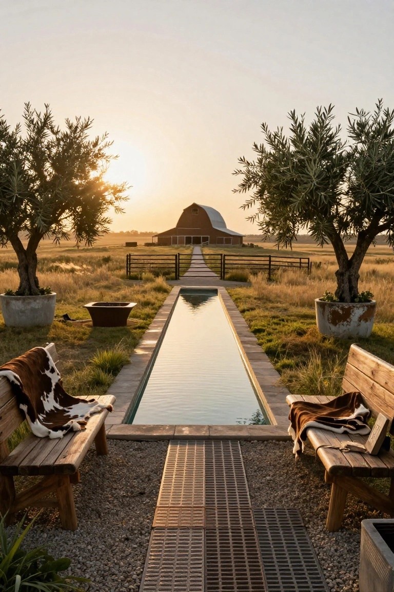 Long narrow rectangular pool with wooden benches draped in brown and white cowhide rugs on either side in the foreground, flanked by potted olive trees, leading toward a barn across a grassy field at sunset.