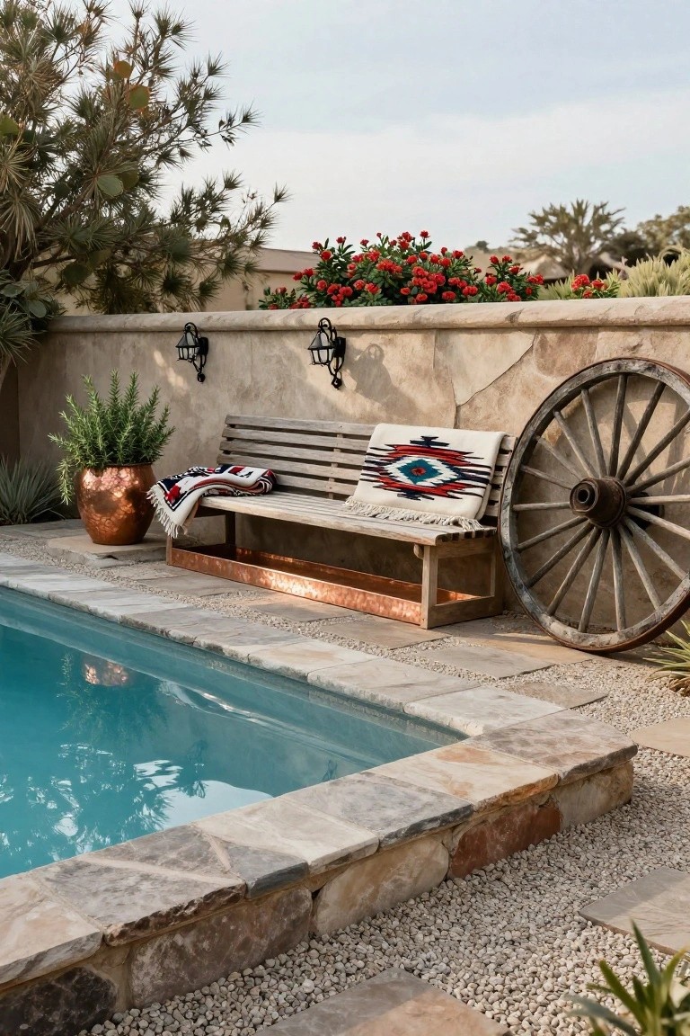 Wooden bench with red and white woven blankets on a copper base next to a large wagon wheel, positioned by a turquoise pool with stone pavers, plants in copper pot, and beige stucco wall.
