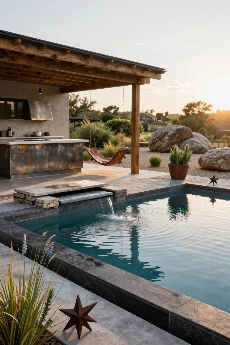 Rustic outdoor kitchen with burnished metal cabinets under a wooden ramada overhangs a turquoise pool with stone spillover edge, large boulders and desert plants in the yard at sunset.