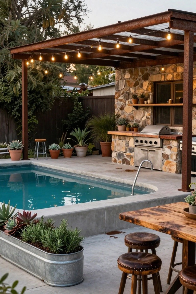 Small turquoise pool beside a rustic stone outdoor kitchen with built-in grill under a metal-roofed pergola with string lights, wooden bar table, leather stools, and potted succulents and agaves.