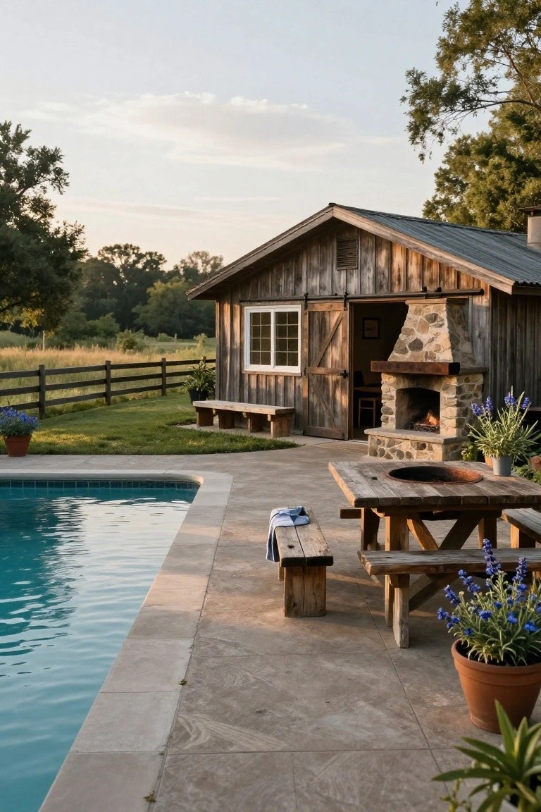 Rustic wooden pool cabana with stone outdoor fireplace next to a rectangular swimming pool, wooden picnic table with fire pit inset, benches, and potted plants on a stone patio surrounded by grass and trees.