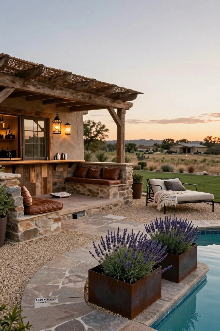 Rustic wooden bar counter with built-in leather benches on stone base under a pergola, adjacent to a pool with lavender plants in metal boxes and gravel path in desert landscape at sunset.