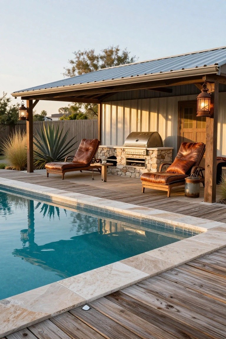 Wooden deck beside a turquoise pool with a covered outdoor kitchen featuring a stainless steel grill on stone base, wooden counters, two brown leather chaise lounges, metal roof on wooden posts, hanging lanterns, and agave plants nearby.