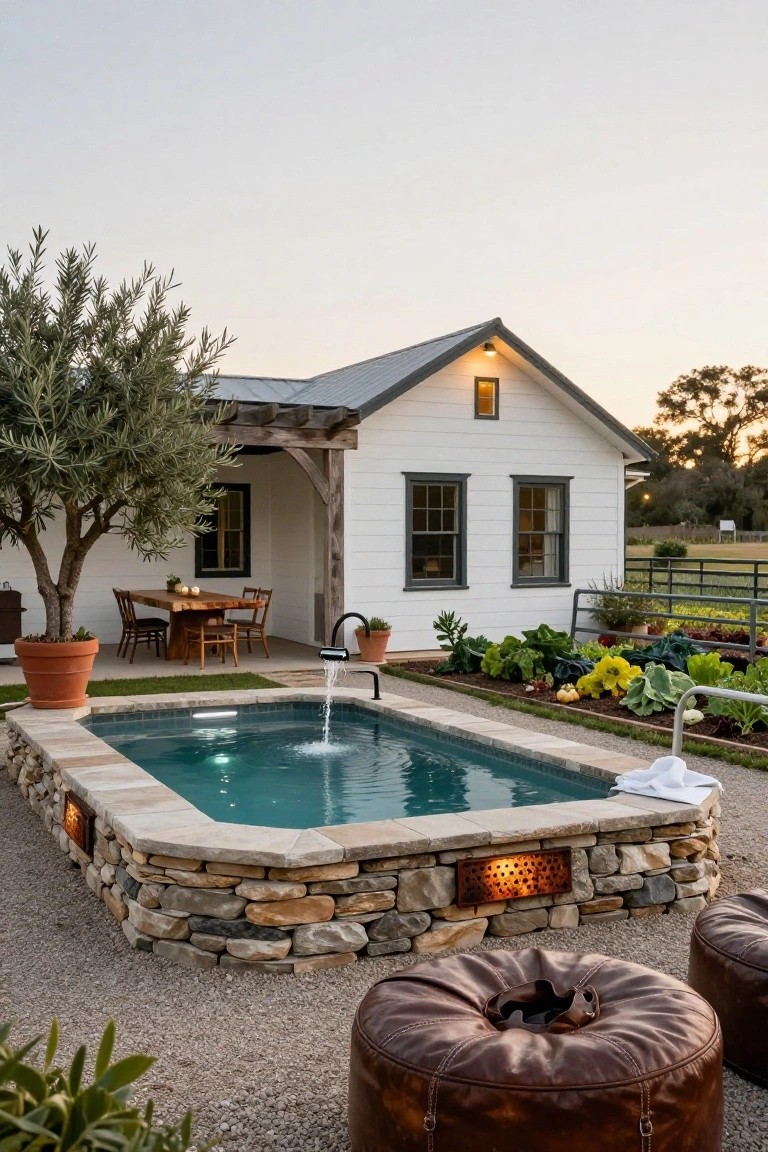 Small rectangular turquoise pool with stacked stone walls including a glowing fire feature, surrounded by gravel, two brown leather poufs, raised vegetable garden beds, and a white house with pergola-covered dining area in the background at dusk.