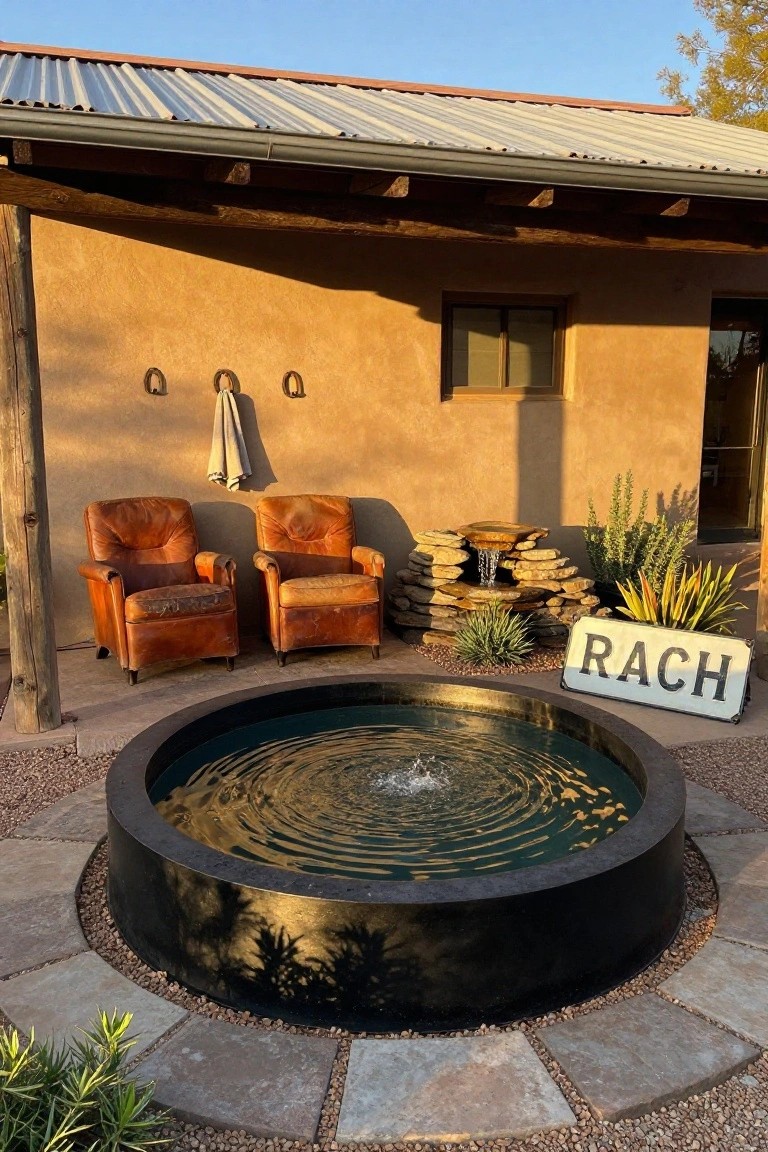Covered adobe patio with two distressed tan leather armchairs facing a black circular cowboy pool with bubbling water, a small stacked stone fountain, desert plants, and a white sign reading "RACHH" on gravel and stone paver ground.