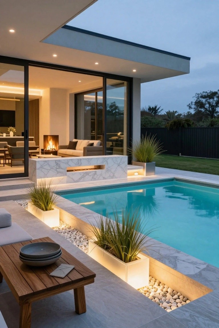 Outdoor pool at dusk with backlit white planters containing grasses along the edge, pebble-filled light trench, marble fire feature inside through glass doors, and lounge seating nearby.