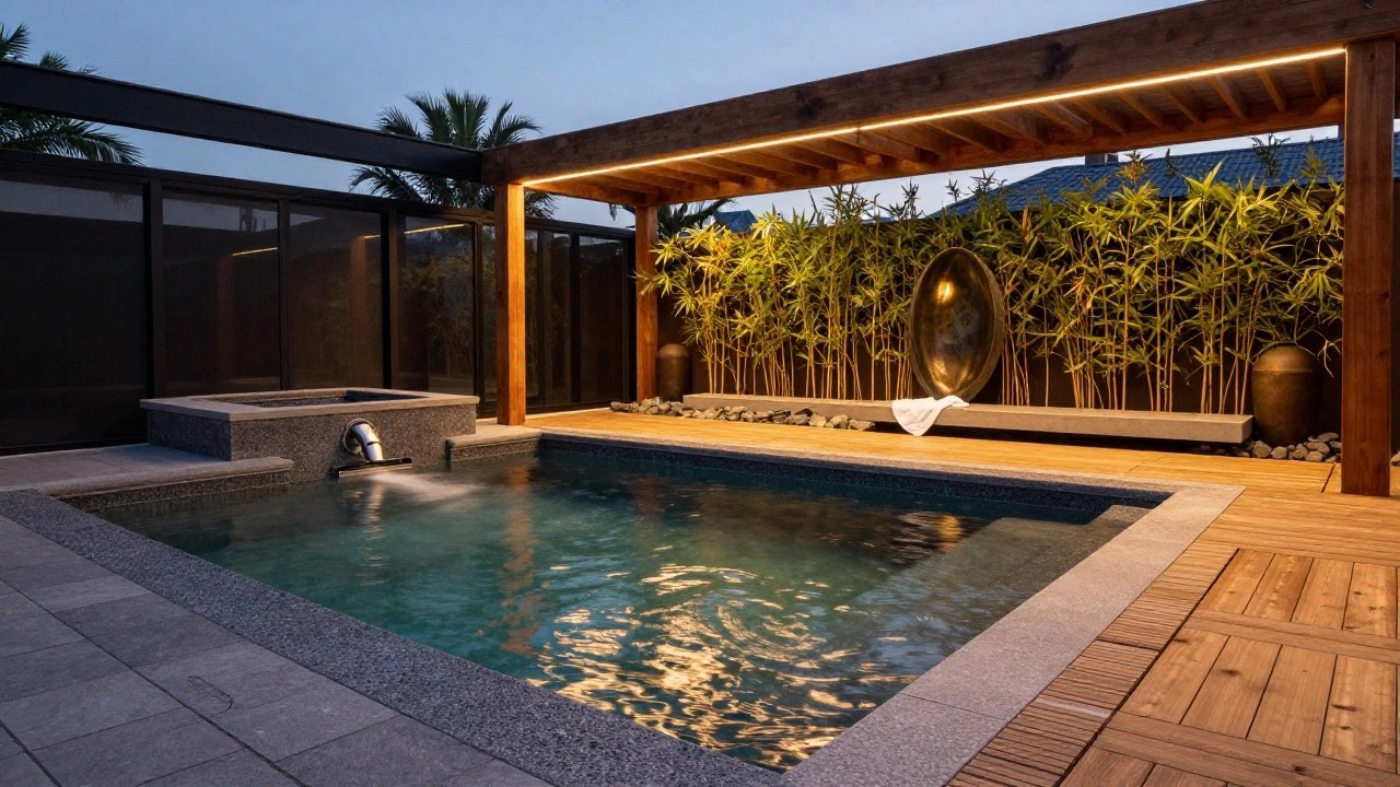 Wooden deck surrounding a small rectangular pool with glowing blue underwater lights, a daybed with white towels nearby, lit bamboo plants and sculpture, and a modern glass-walled house visible at dusk.