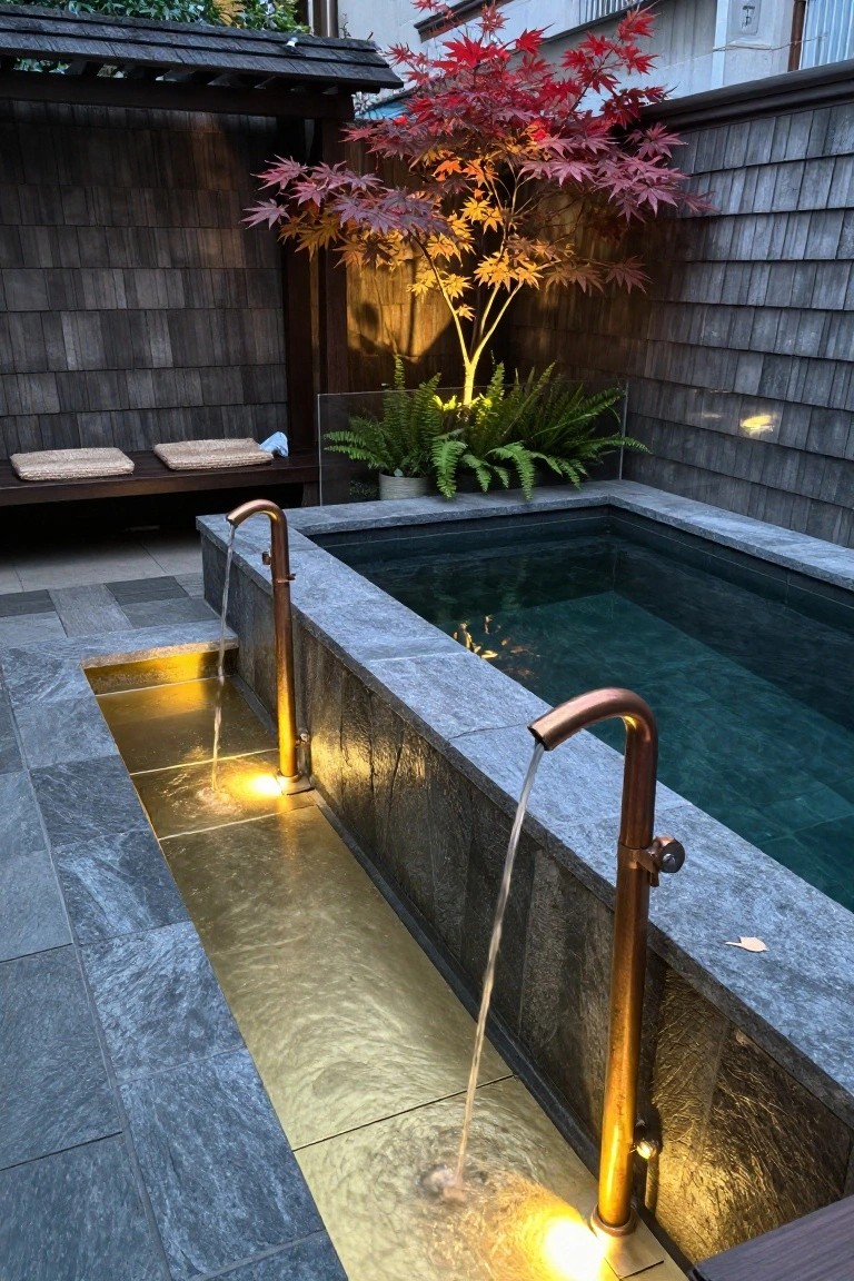 Small rectangular pool with green tiles and two brass spouts pouring water from channels with glowing golden water, surrounded by gray stone, cedar walls, ferns, a red Japanese maple tree, and wooden benches in an outdoor courtyard setting.