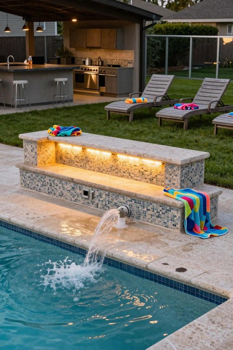Stone platform with mosaic tiles and LED lights glowing underneath next to a pool, waterfall pouring from a pipe into the blue water, colorful towels on the platform and nearby grass, lounge chairs, and outdoor kitchen in the background.